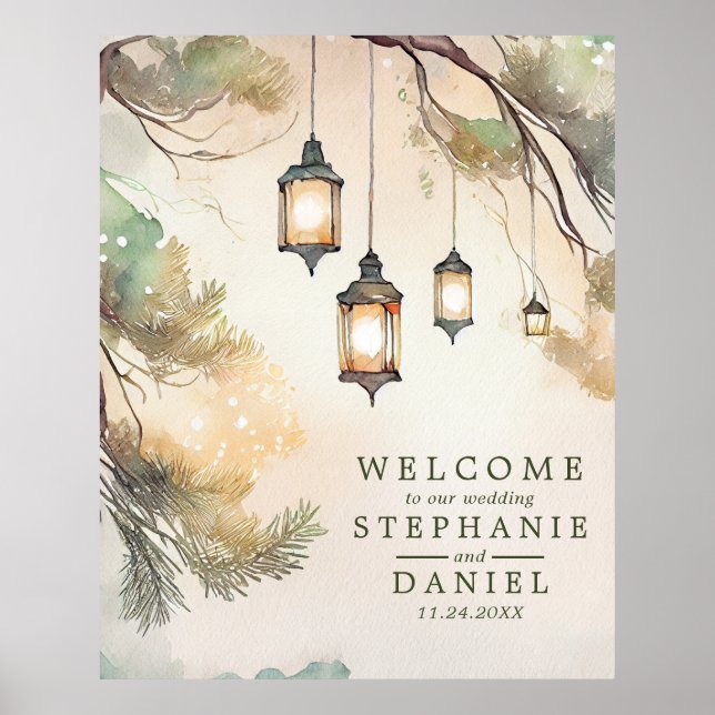 Rustic Tree Botanical Lantern Lights Wedding Poster (Front)