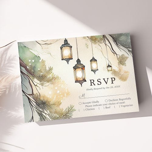 Rustic Tree Botanical Lantern Lights Wedding Rsvp Card