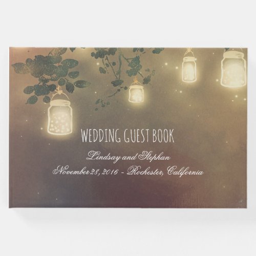 Rustic Tree Branches and Mason Jar Lights Wedding Guest Book - Mason jar string lights and rustic country tree branches wedding guest book