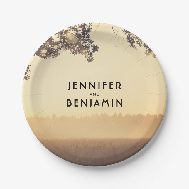 Rustic Tree Branches and String Lights Paper Plates (Front)