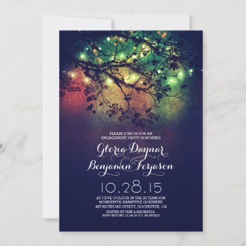 Rustic tree branches  lights engagement party invitation