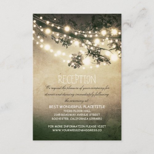 rustic tree branches &amp; lights wedding reception enclosure card