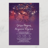 Rustic tree branches purple string lights wedding invitation