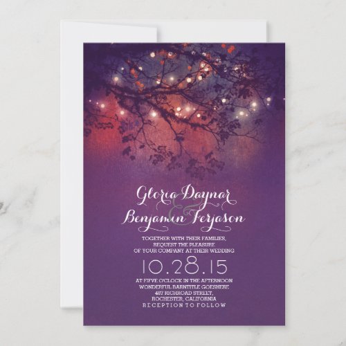 Rustic tree branches purple string lights wedding invitation