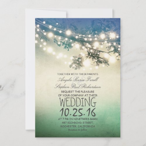 Rustic tree branches  string lights teal wedding invitation