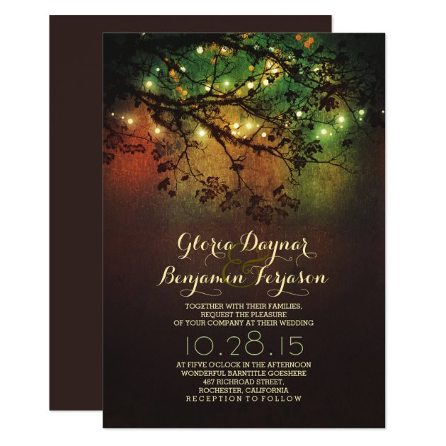 Rustic Tree Branches & String Lights Wedding Invitation