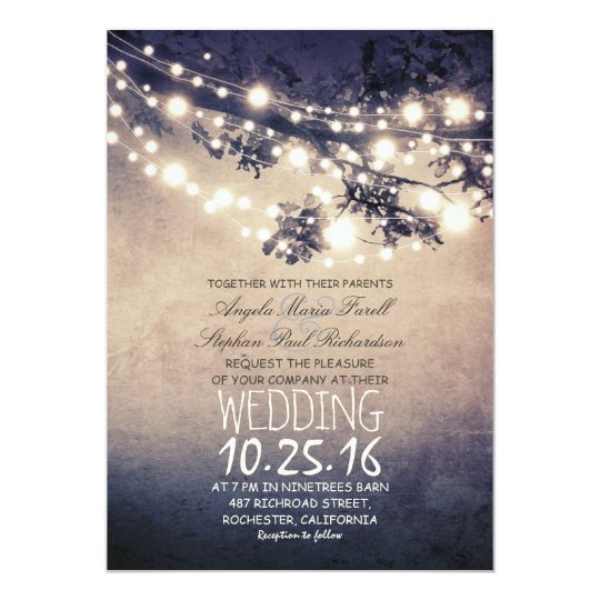 Rustic tree branches & string lights wedding card  Zazzle.com