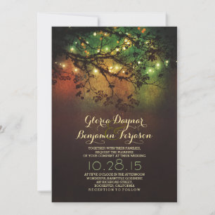 Rustic tree branches & string lights wedding invitation