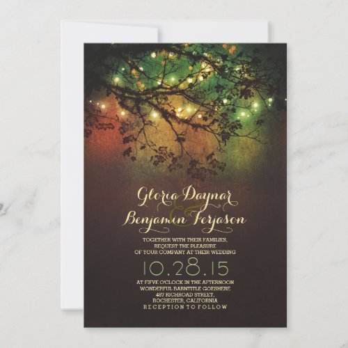 Rustic tree branches  string lights wedding invitation