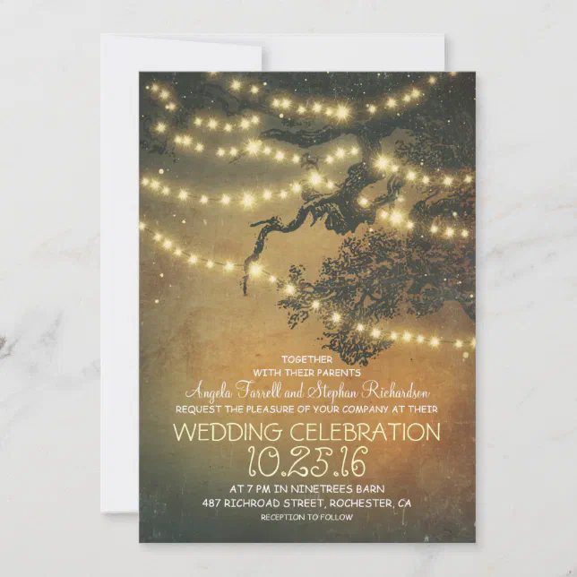 Rustic tree branches & string lights wedding invitation | Zazzle