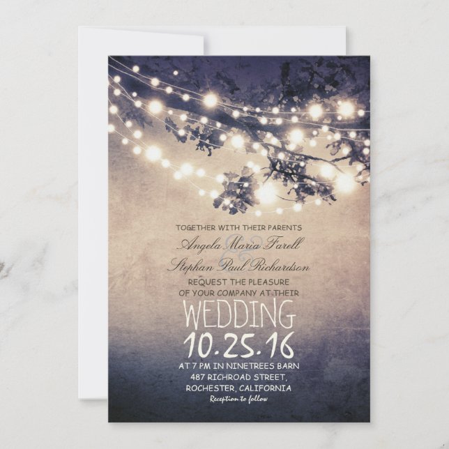 Rustic tree branches & string lights wedding invitation (Front)
