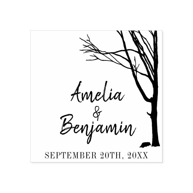 Rustic Tree Bride Groom Names Wedding Rubber Stamp (Imprint)