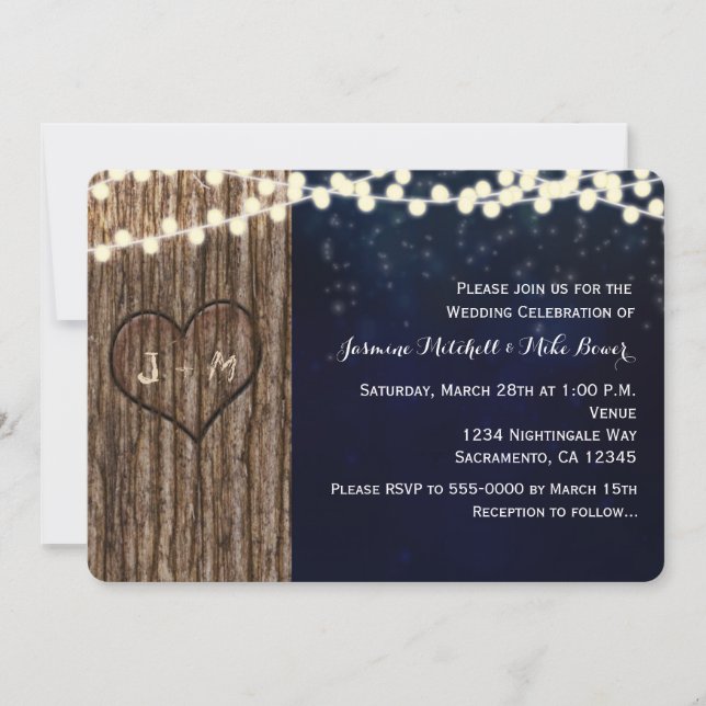 Rustic Tree Carved Heart Night Wedding  Invitation (Front)