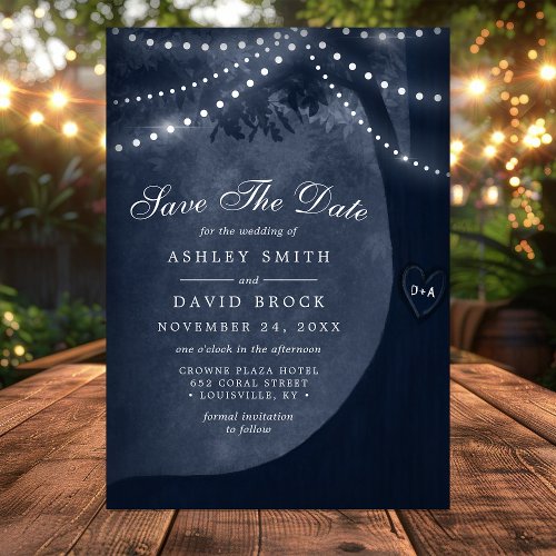 Rustic Tree Carved Initials String Lights Navy Save The Date