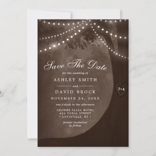 Rustic Tree Carved Initials String Of Lights Save The Date