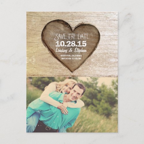 Rustic tree carved wood heart photo save the date announcement postcard - Vintage rustic country save the date postcard with old tree carved wood heart and your personal photo.