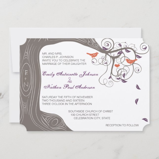 Rustic Tree Coral and Purple Wedding Invitations (Front)