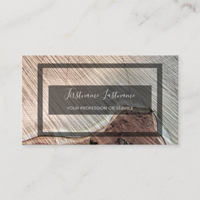Rustic tree disc surface gray rectangle framed business card (Front)