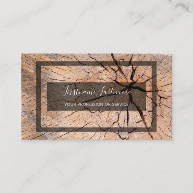 Rustic tree disc surface gray rectangle framed business card (Front)