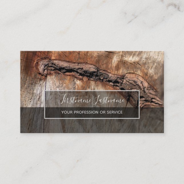 Rustic tree disc surface gray rectangle stripes business card (Front)