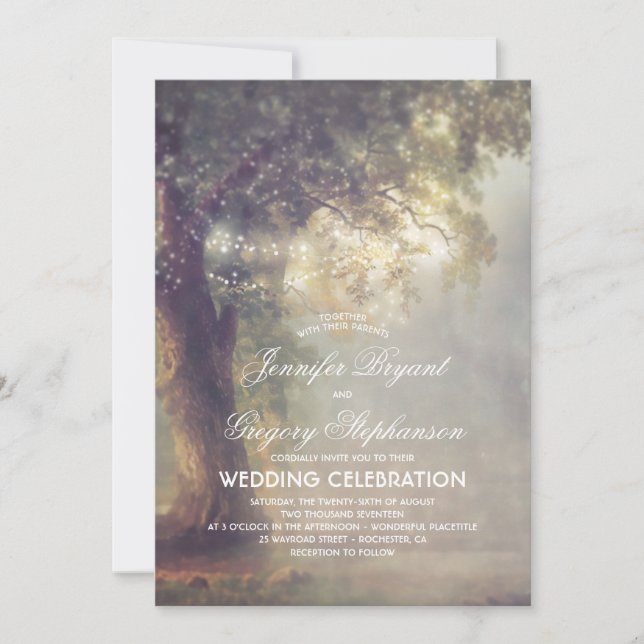 Rustic Tree Dreamy String Lights Vintage Wedding Invitation (Front)