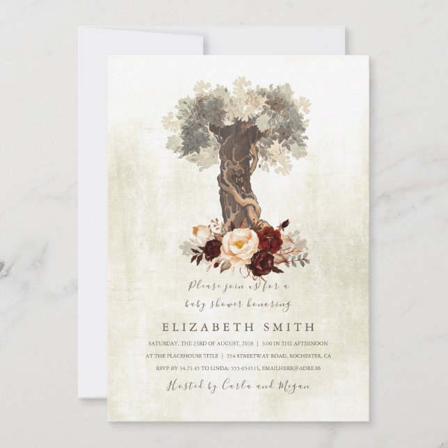 Rustic Tree Floral Burgundy Baby Shower Invitation (Front)