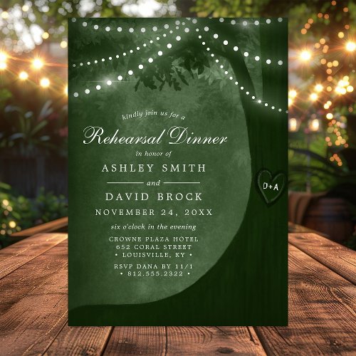 Rustic Tree Green String Lights Rehearsal Invitation