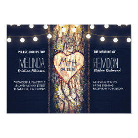 rustic tree heart and string lights wedding invite