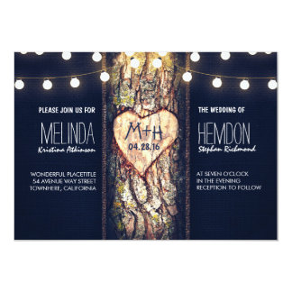 rustic tree heart and string lights wedding invite