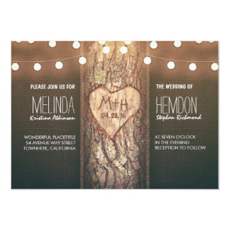 rustic tree heart and string lights wedding invite