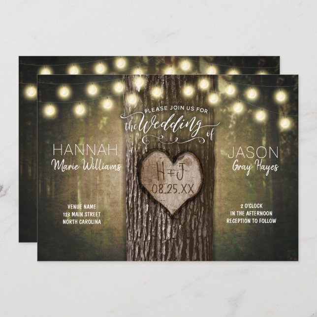 Rustic Tree Heart Lights Wedding Invitation (Front/Back)
