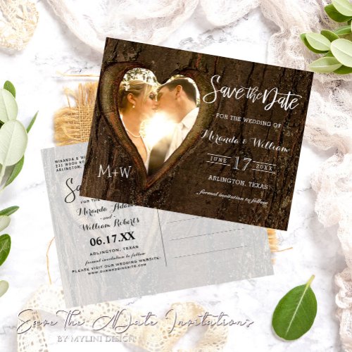 Rustic Tree Heart Photo Save the Date Postcard