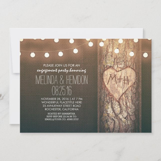rustic tree heart & string lights engagement party invitation (Front)