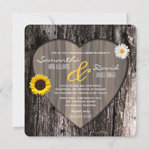 Rustic Tree Heart Sunflower Daisy Rehearsal Dinner Invitation