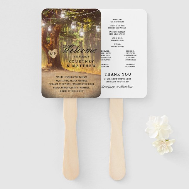 Rustic Tree Lake Twinkle Lights Wedding Program Hand Fan (Front and Back)