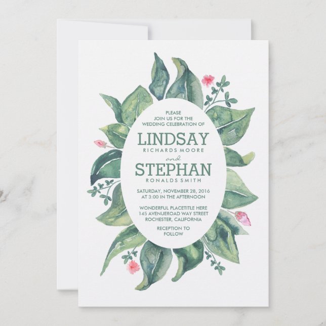 Rustic Tree Leaves Laurel Watercolor Wedding Invitation (Front)