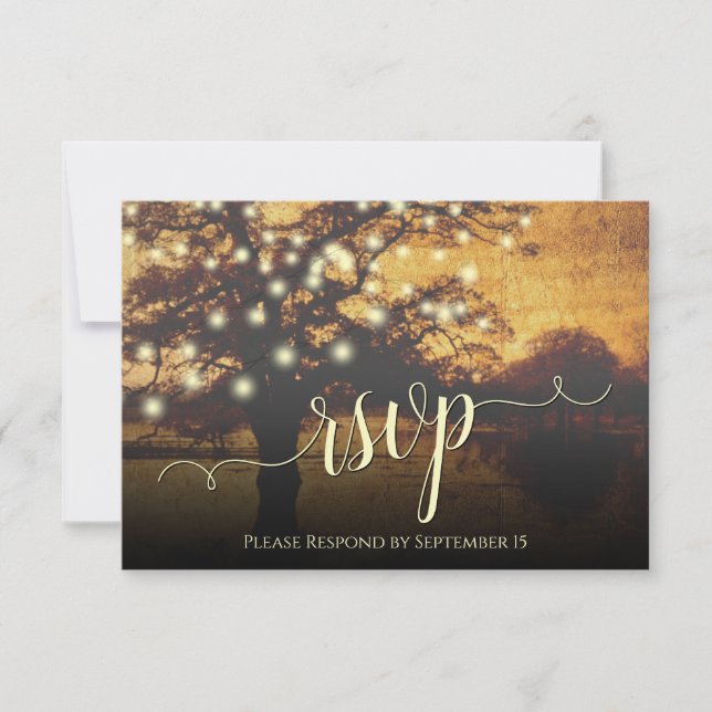 Rustic Tree & Lights Golden Faux Parchment Wedding RSVP Card (Front)