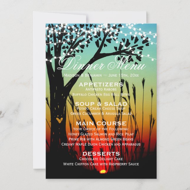 Rustic Tree Lights Sunset Wedding Dinner Menu Invitation (Front)