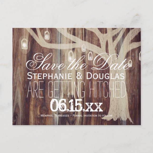 Rustic Tree Lights Wood Save the Date Postcards (Front)