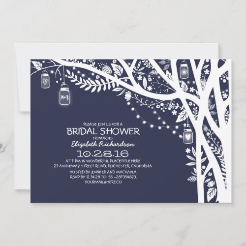 Rustic Tree Mason Jar Lights Navy Bridal Shower Invitation