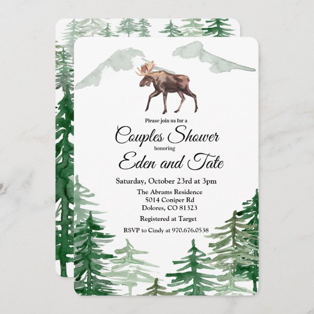 Rustic Tree Moose Couples Shower Invitation (Front/Back)