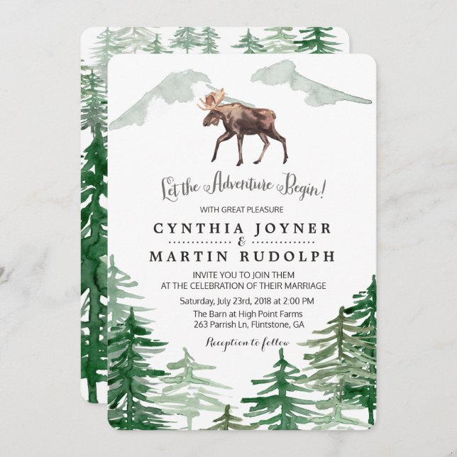 Rustic Tree Moose Wedding Invitation (Front/Back)