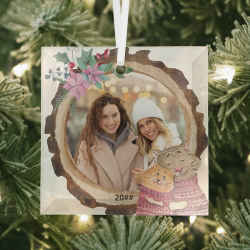 Rustic Tree Photo Frame with Cozy Christmas Cats Glass Ornament