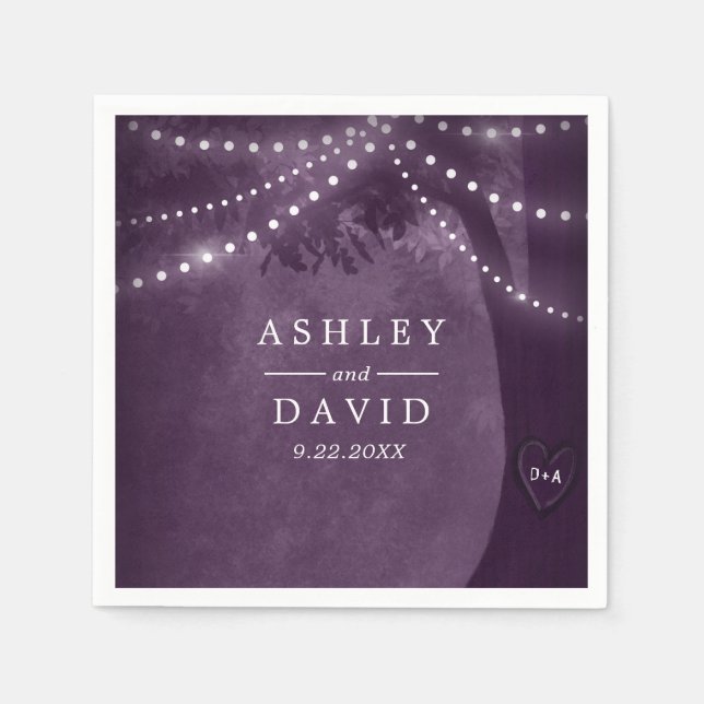 Rustic Tree Purple String Lights Wedding Napkins (Front)