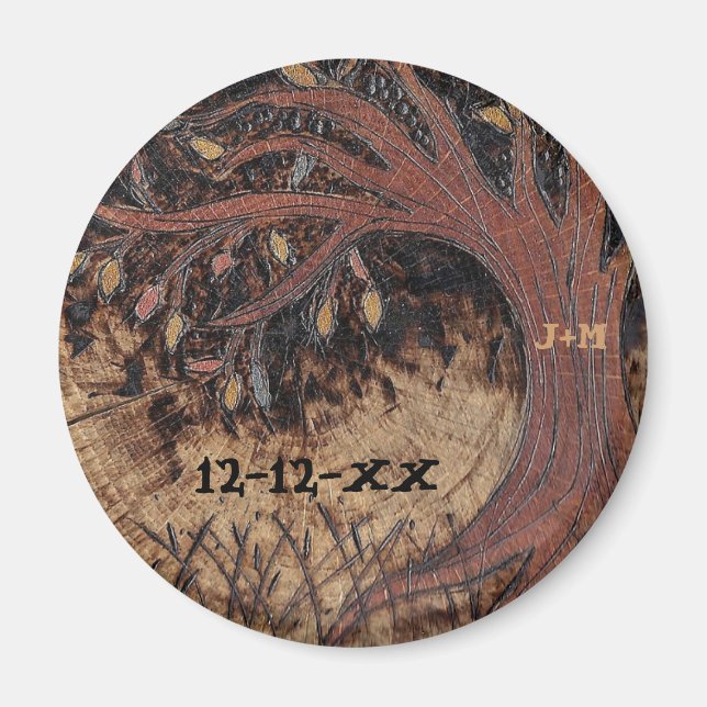 Rustic Tree Pyrography Save the Date Wedding Favor Magnet (Front)