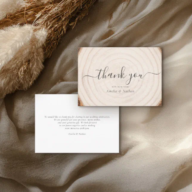 Rustic Tree Ring Wood Script Calligraphy Wedding Thank You Card | Zazzle