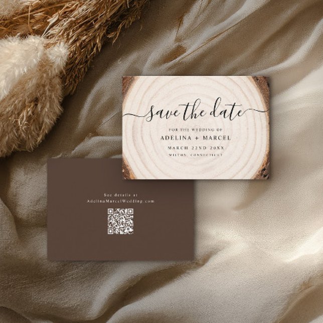 Rustic Tree Ring Wood with Wedding Website QR Code Save The Date (Creator Uploaded)