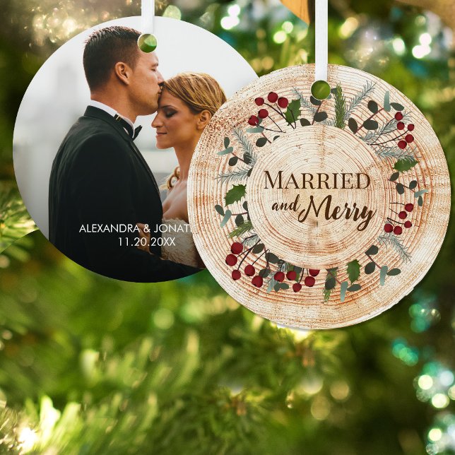 Rustic Tree rings Married and Merry Wedding photo Metal Ornament (Married and Merry metal rustic newlywed wedding photo ornament)