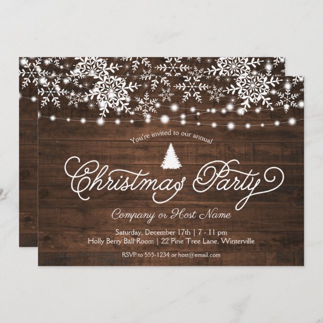 Rustic Tree Snowflakes Lights Christmas Party Invitation (Front/Back)