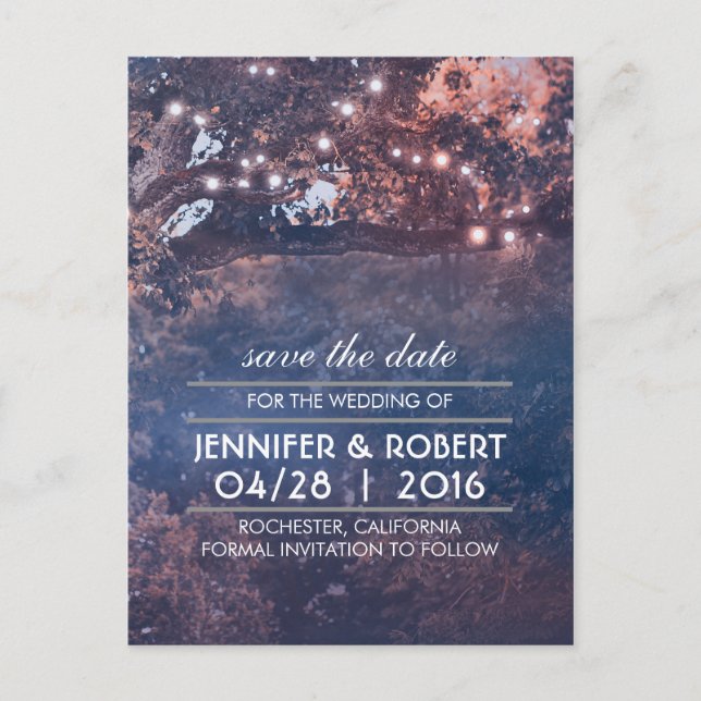 Rustic Tree String Lights Blue Save the Date Announcement Postcard (Front)